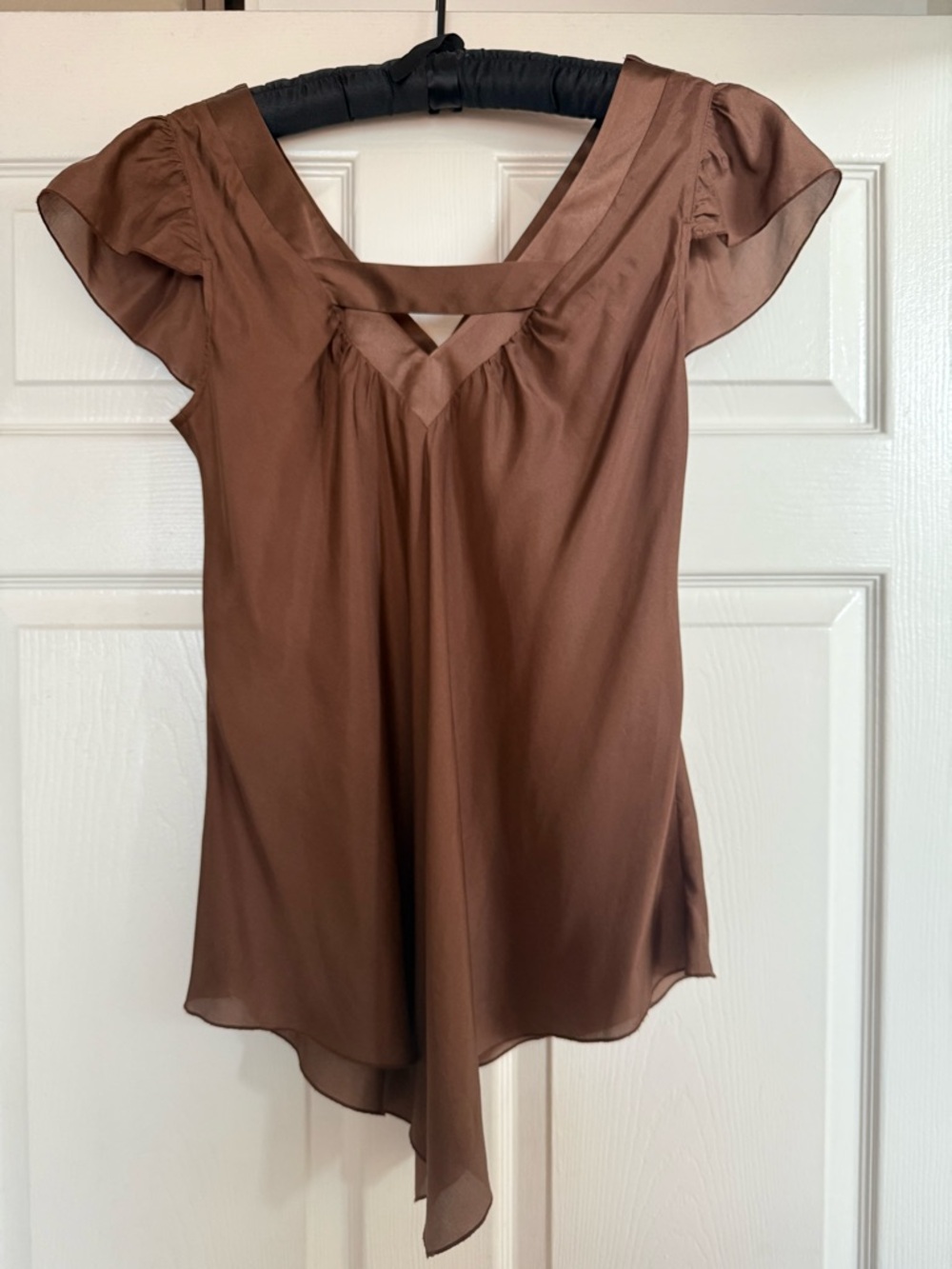 Brown Flutter Sleeve V-Neck Women's Top